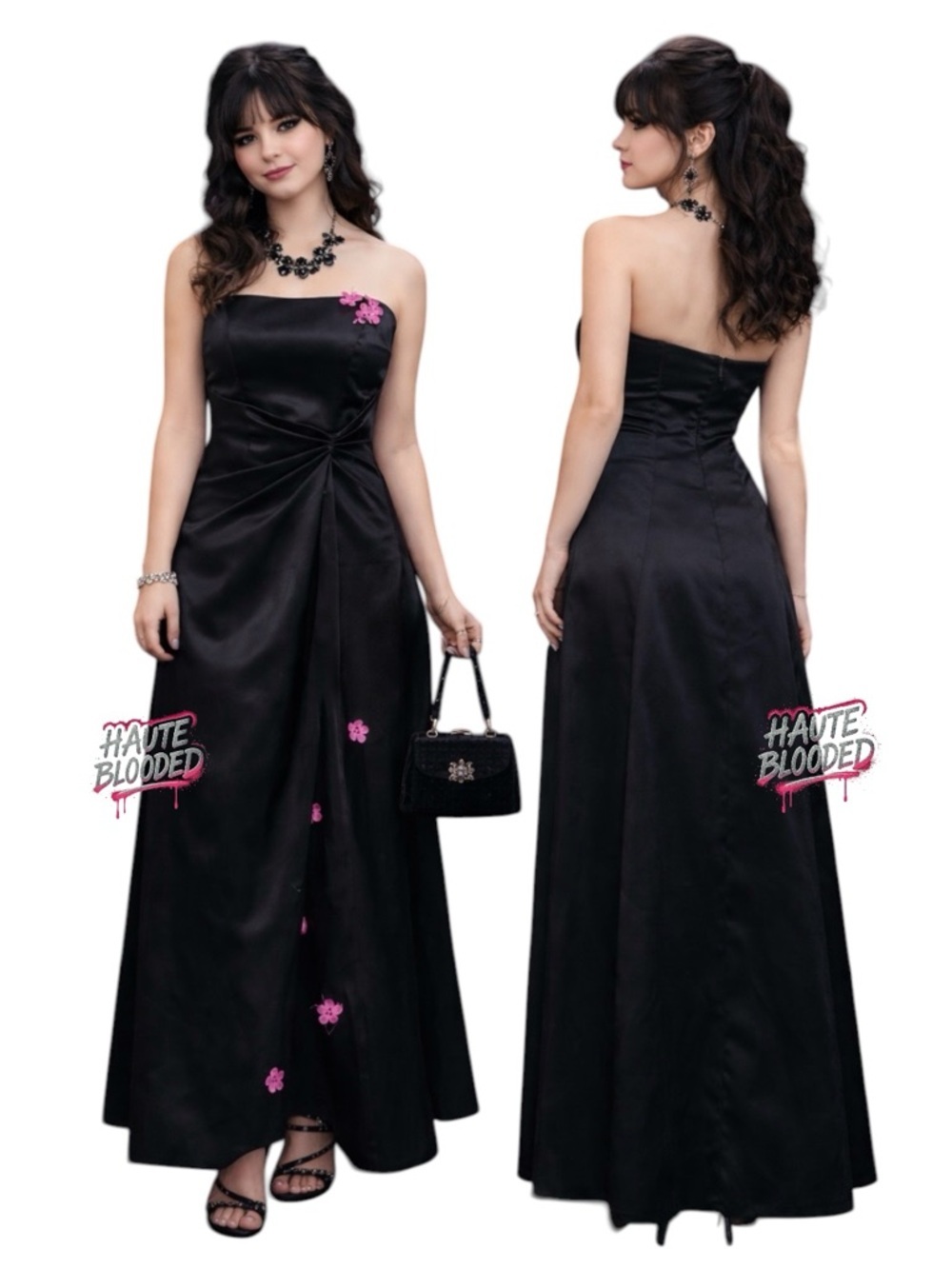 Rampage Vintage y2k Prom Dress Black Satin Pink Flowers McBling Coquette 90”s
